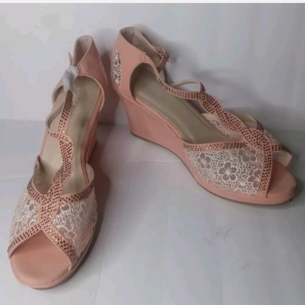 Top Moda Wedge Sandal Womens Pink Rhinestone Strappy Lace Sandal -Pink